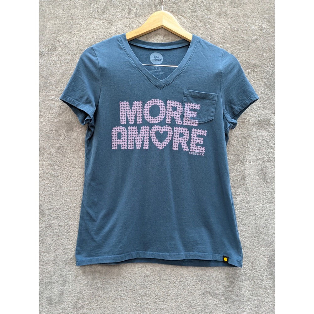 Preppy Graphic Sleep Tee Womens Small Blue More Amore Heart Pocket V-Neck